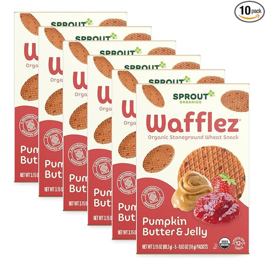 Sprout Organic Baby Food, Stage 4 Toddler Snacks, Pumpkin Butter & Jelly Wafflez, Single Serve Waffles (50 Count),5 Count (Pack of 10)