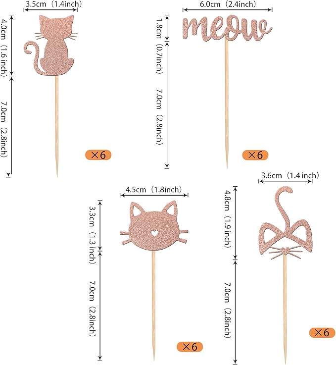 YCTHUNFISH Cat Cake Toppers - 24 Pc Black Glitter Kitten Themed Cupcake Decorations for Wedding, Birthday, Baby Shower - Rose Gold