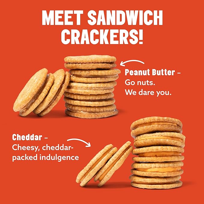 Mavericks Sandwich Crackers Variety Pack - Peanut Butter & Cheddar Snack Crackers, Whole Grain - 2 Boxes (6 Snack Packs of Each)
