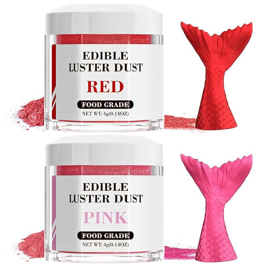 Luster Dust Edible Set - 2 Colors Food Grade Cake Dust Shimmer Powdered, Cherrysea Powder Food Coloring for Cocktails, Cookie Decorations, Cake, Drinks, Fondant, Candy - 4g/Bottle - Red+Pink