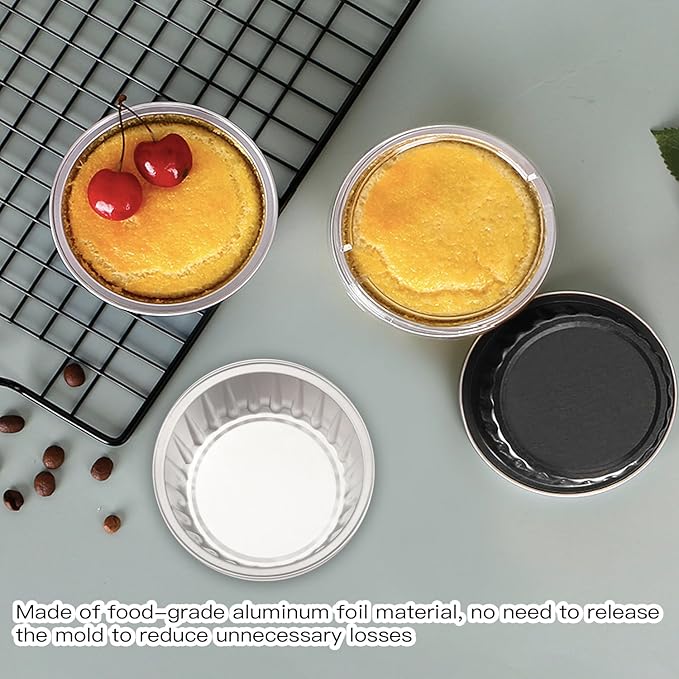 Lainrrew 50 Pack Baking Cups with Lids, Aluminum Foil Cupcake Cups Muffin Liners, Disposable Foil Ramekins, Cupcake Holders Dessert Containers Mini Pudding Cups (Black)