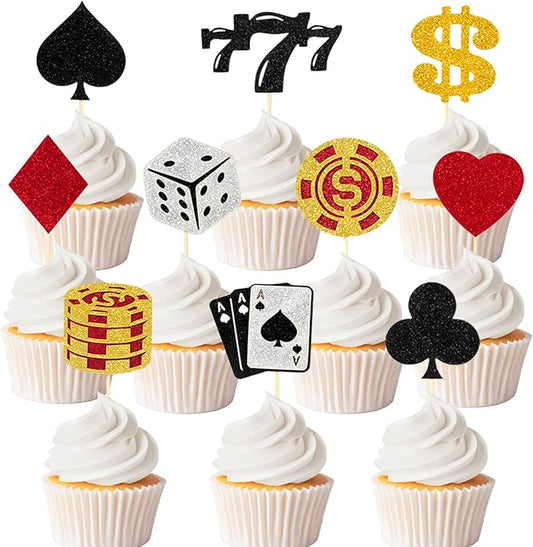 24 PCS Casino Cupcake Toppers Glitter Casino Themed Party Decorations with Chips Dice Las Vegas Night Theme Birthday Party Decorations Supplies