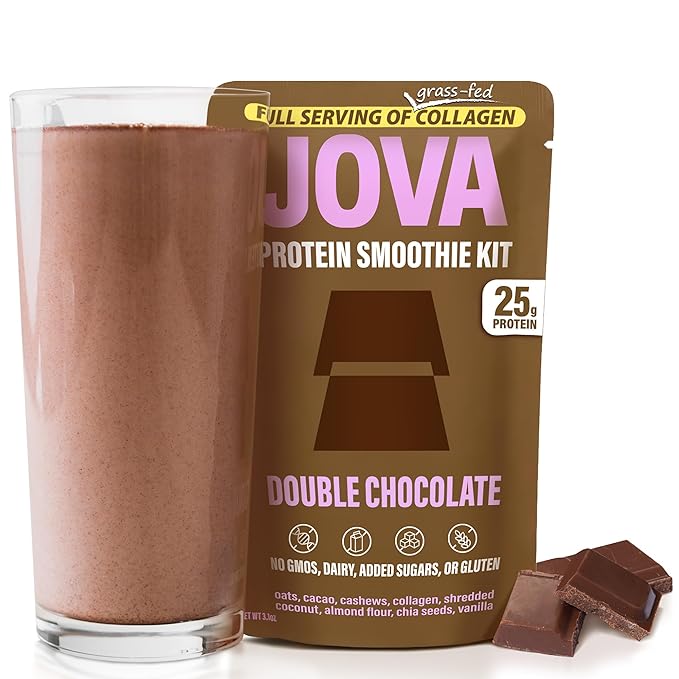 JOVA Double Chocolate Superfood Smoothie | 25g Protein, 11g Fiber, 2g Sugar | Delicious Whole Food Blend: Oats, Cacao, Cashews, Collagen & Chia Seed (Ready in 1 Minute), Single Serve