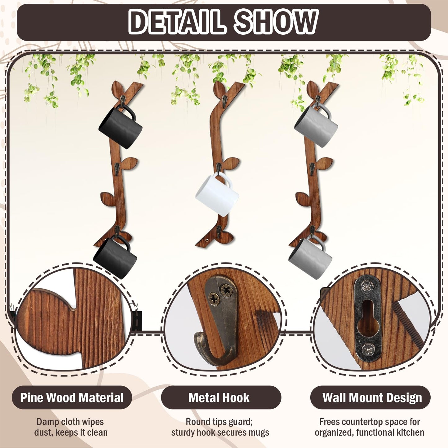 MSHUNKEJI 3 Pack Wood Coffee Mug Wall Rack with 9 Hooks Wall Mount Coffee Cup Holder Wooden