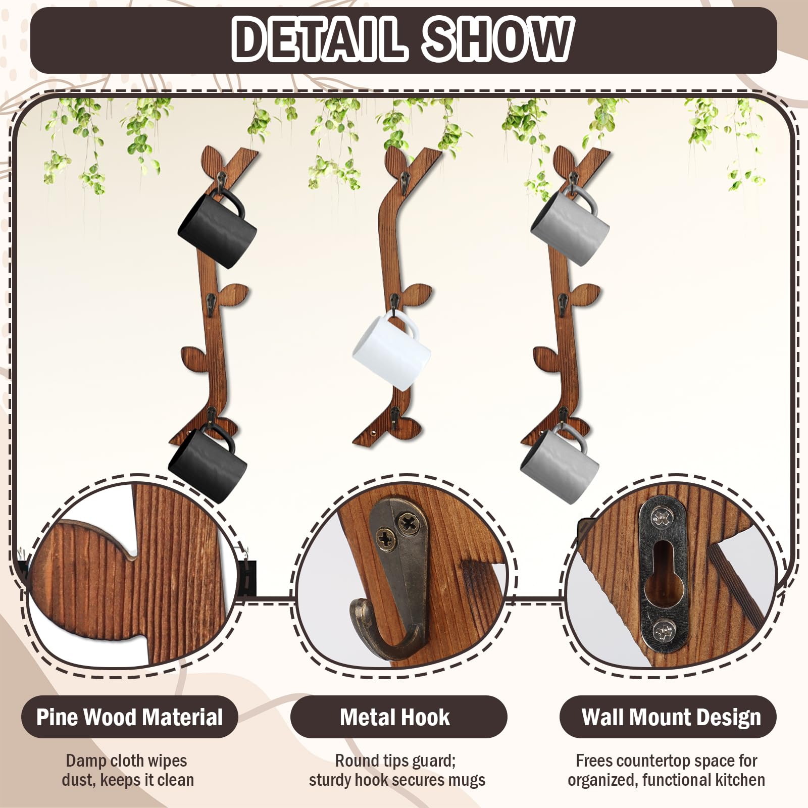 MSHUNKEJI 3 Pack Wood Coffee Mug Wall Rack with 9 Hooks Wall Mount Coffee Cup Holder Wooden