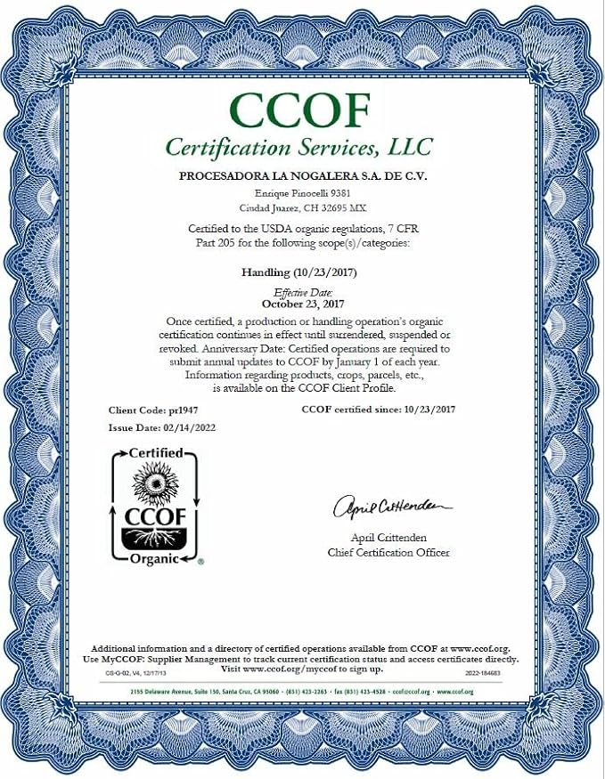 La Nogalera Organic - USDA and CCOF Certified Organic Shelled Pecan Halves in 2 pound bag. Pecan nut halves, NO SHELL, Non-GMO, Kosher and Halal Certified and Ketogenic friendly