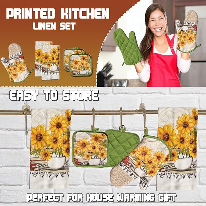 Lobyn Value Packs: Bright Sunflower 5-Piece Kitchen Set ??2 Soft Terry Dish Towels and 2 Quilted Potholders & 1 Oven Mitt for Everyday Use