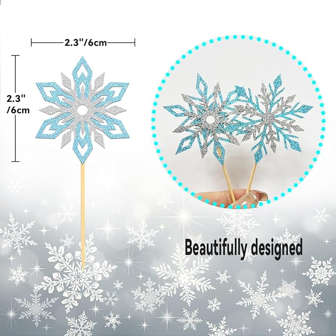 24PCS Glitter Snowflake Cupcake Toppers for Snowflake Decorations, Frozen Snowflake Cake Topper, Christmas Snowflake Cake Picks for Winter Decorations (Mix Blue)