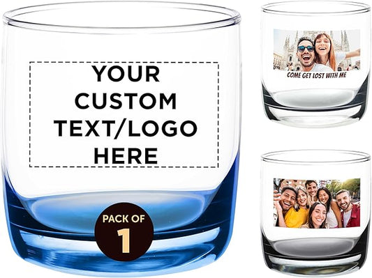 Custom Whiskey Glasses 10 oz Set of 1, Personalized text, logo and picture - Heavy Base Old Fashioned Glass, Perfect for Scotch, Bourbon, Whiskey, Cocktail - Blue Bottom Color