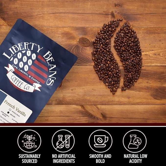 Liberty Beans Coffee Flavored Ground Coffee | Medium Roast, Low Acid | 100% Arabica | Boosts Energy, Supports Brain & Heart Health | Fair Trade & Organic, Rich Flavor, 12 oz (Single, French Vanilla)