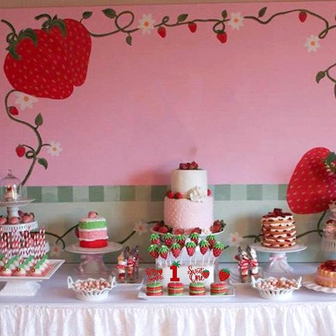 24 Pack Sweet One Cupcake Toppers Glitter First Birthday Strawberry Cupcake Picks for Fruit Baby Shower 1st Birthday Berry Sweet Cupcake Decorations Party Supplies Red