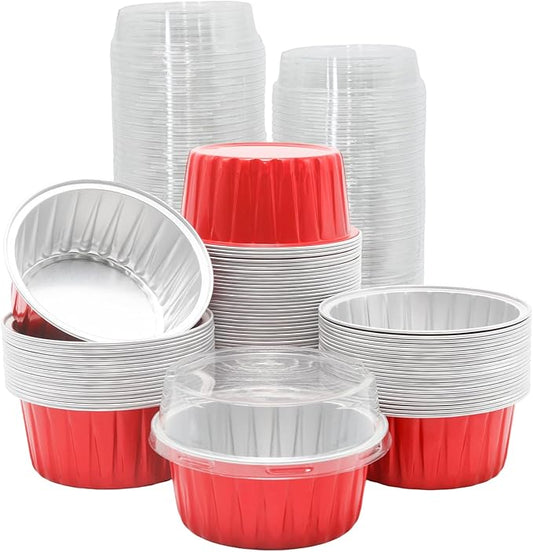 100 Pack 4.2oz Aluminum Cups with Lids Mini Flan Containers with Lids Cupcake Baking Cups, Red