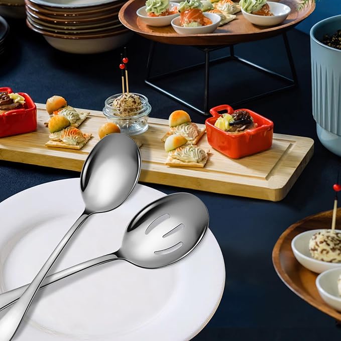 6 Piece Stainless Steel Serving Spoons Set, 10-Inch, Includes 2 Spoon/Slotted/Forks for Parties/Kitchen/Buffet/Catering, Dishwasher Safee