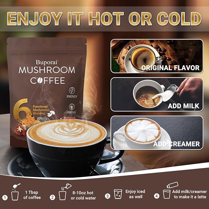 Mushroom Coffee, Instant Mushroom Coffee with 6 Mushrooms Lion’s Mane, Cordyceps, Turkey Tail & Other for Energy, Focus, Digestion, Immunity, 30 Servings (2 Pack)