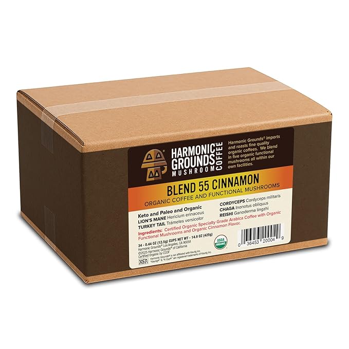 Harmonic Grounds Organic Mushroom Coffee Pods - Cinnamon Flavored Medium Roast with Lion's Mane, Reishi, Chaga, Cordyceps & Turkey Tail - Compatible with Keurig K-Cup Brewers - 34 Count