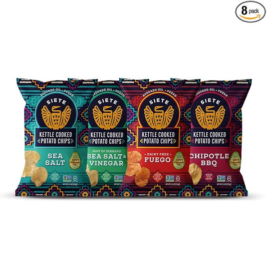 Siete Grain Free Potato Chips - Kettle Cooked | Gluten Free Chips | Vegan Snacks | Non GMO | Variety Pack, Sea Salt, Sea Salt & Vinegar, Fuego, Chipotle BBQ (Pack of 8)