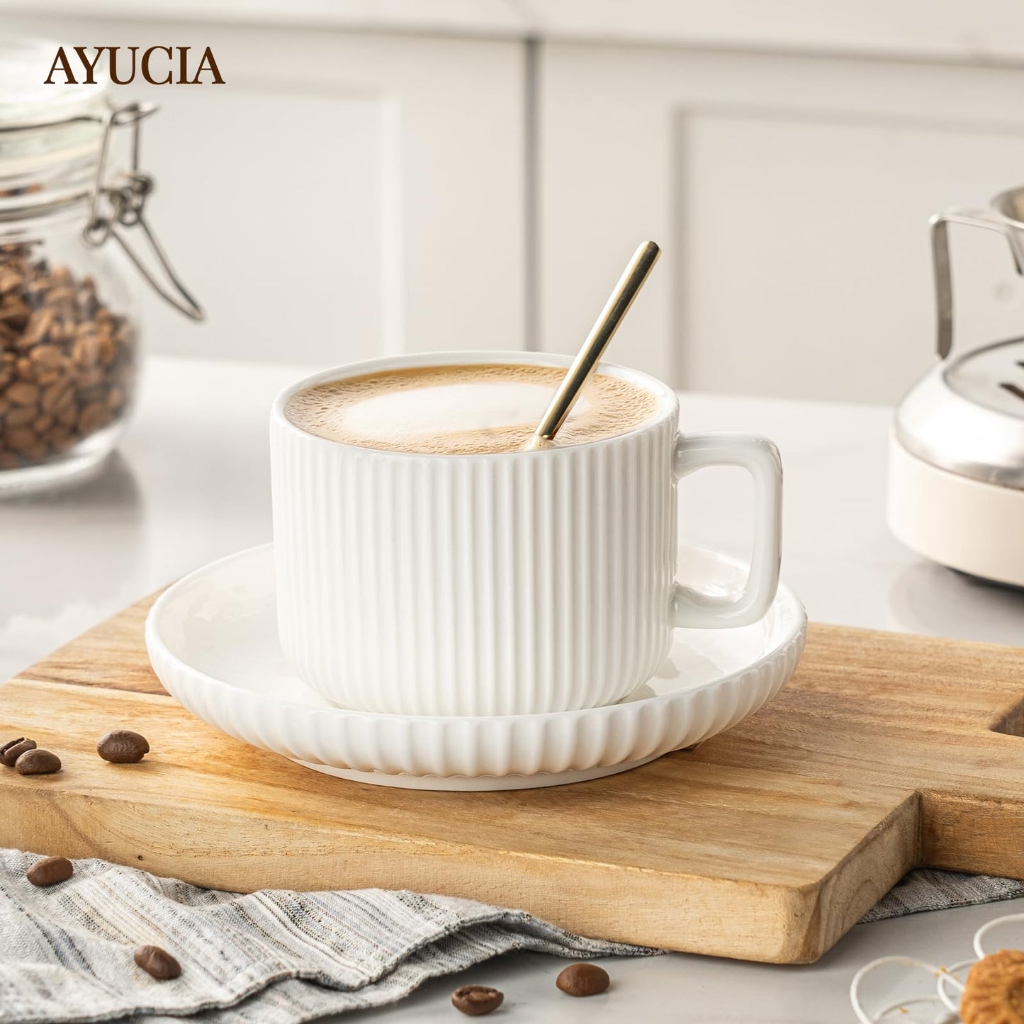 AYUCIA 8 Ounce Cappuccino Cups Set of 4, Latte Mugs with Saucers and Spoons, White Cream Ceramic