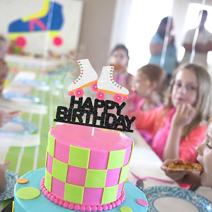 White Roller Skating Happy Birthday Cake Topper - Neon Roller Skating Party Retro Rock Disco Themed Party Decoration Supplies for Boys or Girls - SugarGera