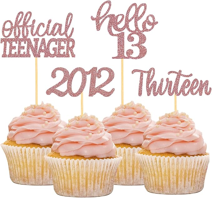 24Pcs Glitter 13th Birthday Cupcake Toppers, Hello 13th Birthday Cake Topper- 13th Birthday Decorations for Celebrating Official Teenager Thirteen Years Old Birthday Party Supplies (Rose Gold)
