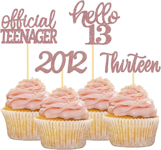 24Pcs Glitter 13th Birthday Cupcake Toppers, Hello 13th Birthday Cake Topper- 13th Birthday Decorations for Celebrating Official Teenager Thirteen Years Old Birthday Party Supplies (Rose Gold)