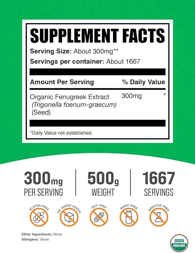 BulkSupplements.com Organic Fenugreek Extract Powder - Herbal Supplement, from Fenugreek Seeds - Gluten Free, 300mg per Serving, 500g (1.1 lbs) (Pack of 1)
