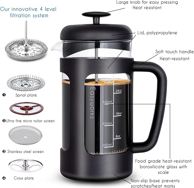 Easyworkz French Press 34 oz Coffee Tea Maker with Borosilicate Glass,Soft Grip Handle