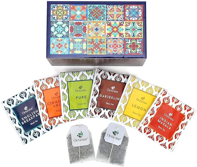 Octavius | Tile Motif Wooden Caddy Tea Sampler Pack | Assortment of 3 Black & 3 Green Teas | 30 Enveloped Double Chamber Tea Bags | Tea Sampler Variety Pack | Perfect for Tea Lovers | Pack of 1