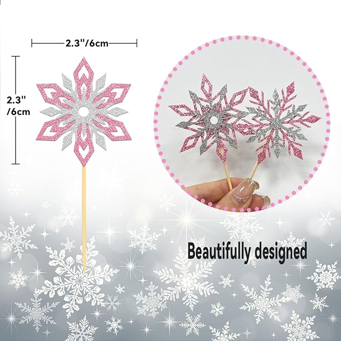 24PCS Glitter Snowflake Cupcake Toppers for Snowflake Decorations, Frozen Snowflake Cake Topper, Christmas Snowflake Cake Picks for Winter Decorations (Mix Pink)