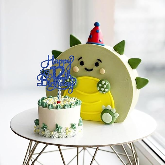 1 Pack Happy 12th Birthday Cake Topper Glitter Heart Star 12 Fabulous Cake Pick Birthday Sign Cake Decorations for Children 12th Birthday Theme Party Supplies Blue