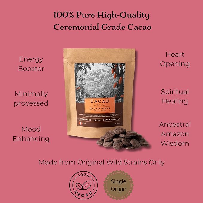 Cacao Adventures Ceremonial Cacao | Sacred Valley Peru 100% Pure Raw Cacao |Dairy Free & Vegan | Unsweetened | Ethically sourced and sustainably grown | Cacao Ceremony | Cusco Chuncho, 8 oz
