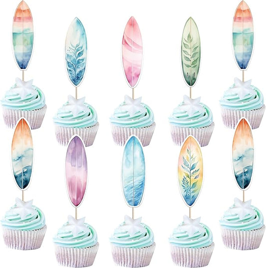 40 Pack Surfboard Cupcake Toppers Double Sided Surfboard Palm Tree Coconuts Cupcake Picks Holiday Beach Surf Cake Decorations for Summer Beach Theme Baby Shower Birthday Party Supplies