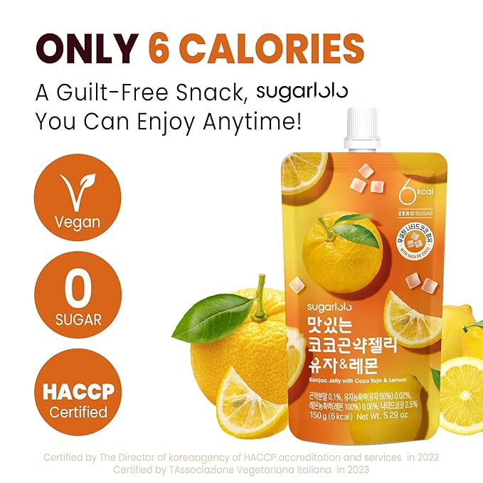 Sugarlolo Konjac Sweet Coco Yuzu & Lemon Jelly Snack - Vegan Jello with Zero Sugar | Only 6 Calories per Pouch | Low Calorie Korean Snacks | 5.29 Oz (150g) | 10 Pack