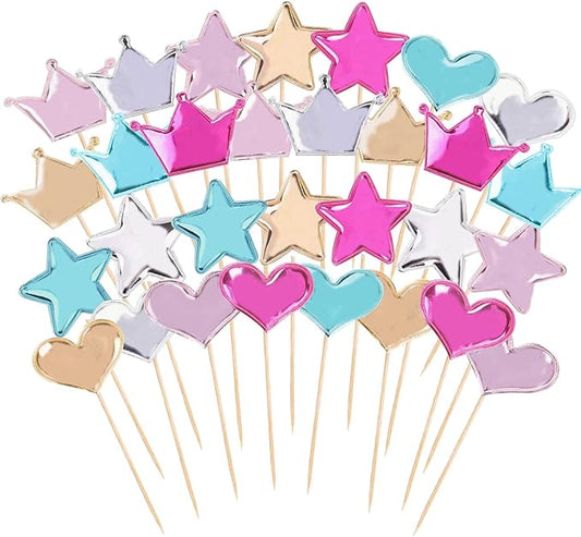 30 PCS Glitter Heart Cupcake Toppers Colorful Cake Decoration Heart and Star Cake Toppers Cute Party Decoration for Birthday and Baby shower (Fresh)