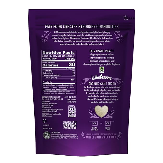 Wholesome Sweeteners 32-Ounce Organic Cane Sugar, Fair Trade, Non GMO, Gluten Free, Pure & Vegan, for Baking and Sweetening, 1 Pack