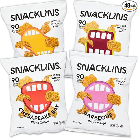 SNACKLINS Plant Based Crisps 4 Flavor Variety - Nacho, BBQ, Teriyaki, Chesapeake Bay - Gluten Free, Grain Free, 100% Kosher, Vegan Healthy Snacks, No Added Sugar Crunchy Puffed Snack - .9oz Bag (Case of 48)