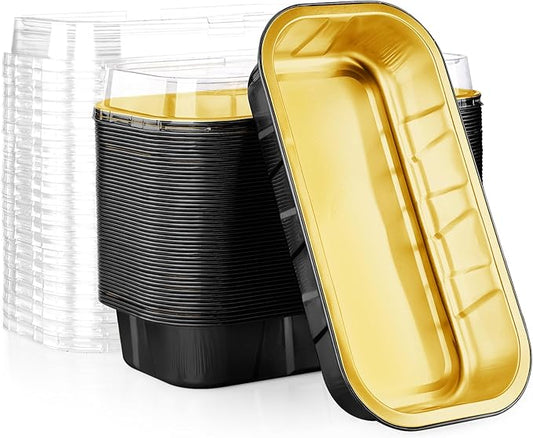 EUSOAR Mini Cake Pans with Lids，Black Gold 50pcs 20.9oz Aluminum Foil Disposable Mini Cake Loaf Bread Pans with Lids, Creme Brulee Ramekins Muffin Liners Baking Cups, Dessert Containers with Lids