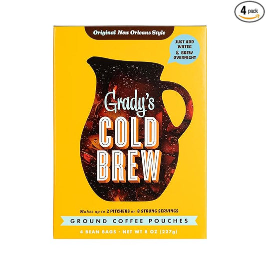 GRADY’S COLD BREW, New Orleans Style, 100% Arabica Ground Coffee & Chicory Pouches, One Box of Four Easy-to-Brew Bean Bags, Makes 12 drinks
