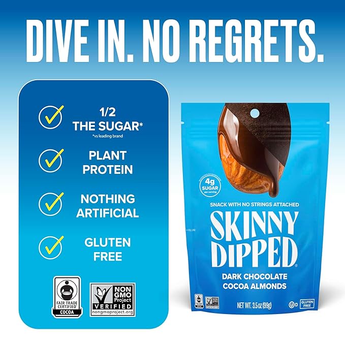 SkinnyDipped Dark Chocolate Cocoa Almonds, Healthy Snack, Plant Protein, Gluten Free, 3.5 oz Resealable Bags (Pack of 5)