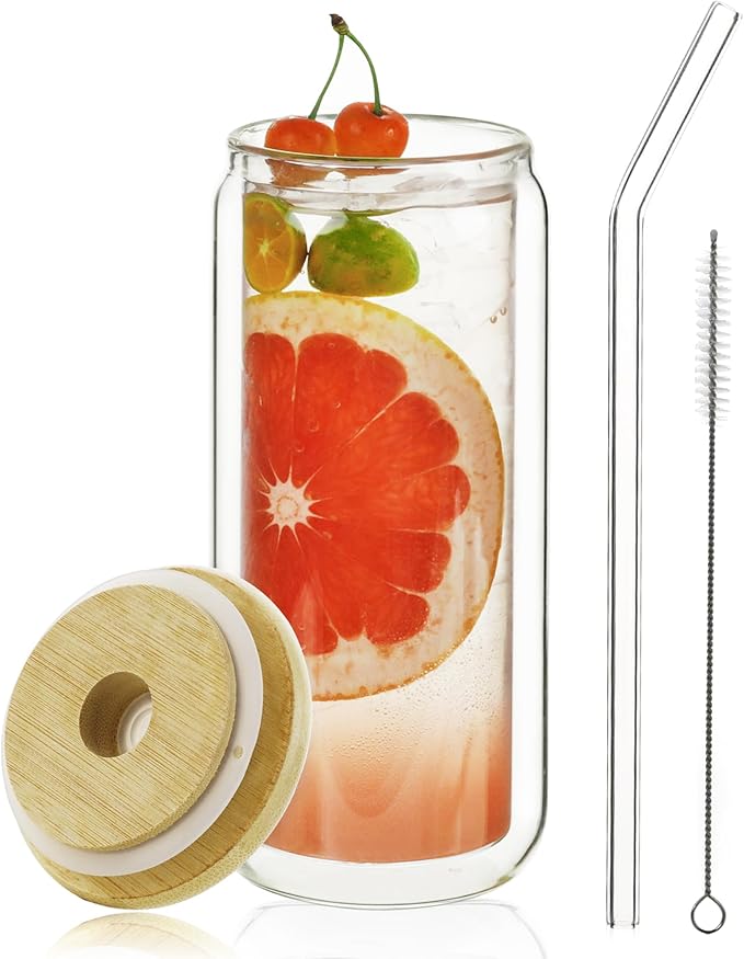LIBWYS 16oz Double Wall Drinking Glass Cup with Bamboo Lid and Straw, 1 Pc Set ??Condensation Resistant Insulated Glass Can Tumbler for Cold Drinks, Iced Coffee, Tea, Juice, Cleaning Brush