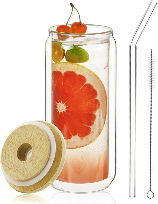 LIBWYS 16oz Double Wall Drinking Glass Cup with Bamboo Lid and Straw, 1 Pc Set ??Condensation Resistant Insulated Glass Can Tumbler for Cold Drinks, Iced Coffee, Tea, Juice, Cleaning Brush
