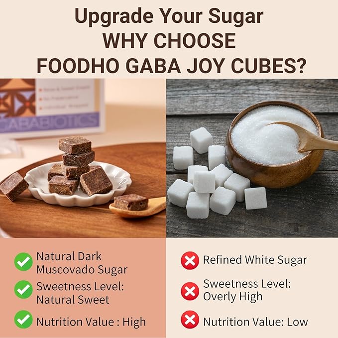FOODHO GABA Joy Cubes Brown Sugar Cubes - Natural Dark Muscovado Sugar | Old Fashioned Pure Cane Sugar | Rich Nutrients for Good Sleep | Perfect for Tea, Coffee, Milk | No Preservatives