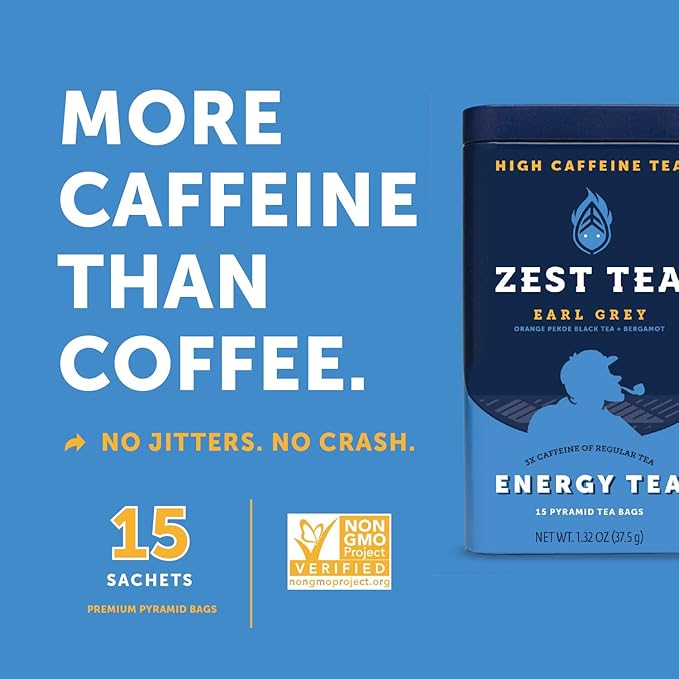 Zest Tea Premium Energy Hot Tea, High Caffeine Blend Natural & Healthy Traditional Black Coffee Substitute, Perfect for Keto, 150 mg Caffeine per Serving, Earl Grey Black Tea, Tin of 15 Sachet Bags