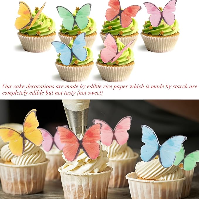 48Pcs Edible Butterfly Cake Decorations, Colorful Wafer Paper Butterflies Cupcake Toppers, Vivid Edible Butterflies for Wedding, Anniversary, Birthday Party Cake Decoration (Mixed Colors)