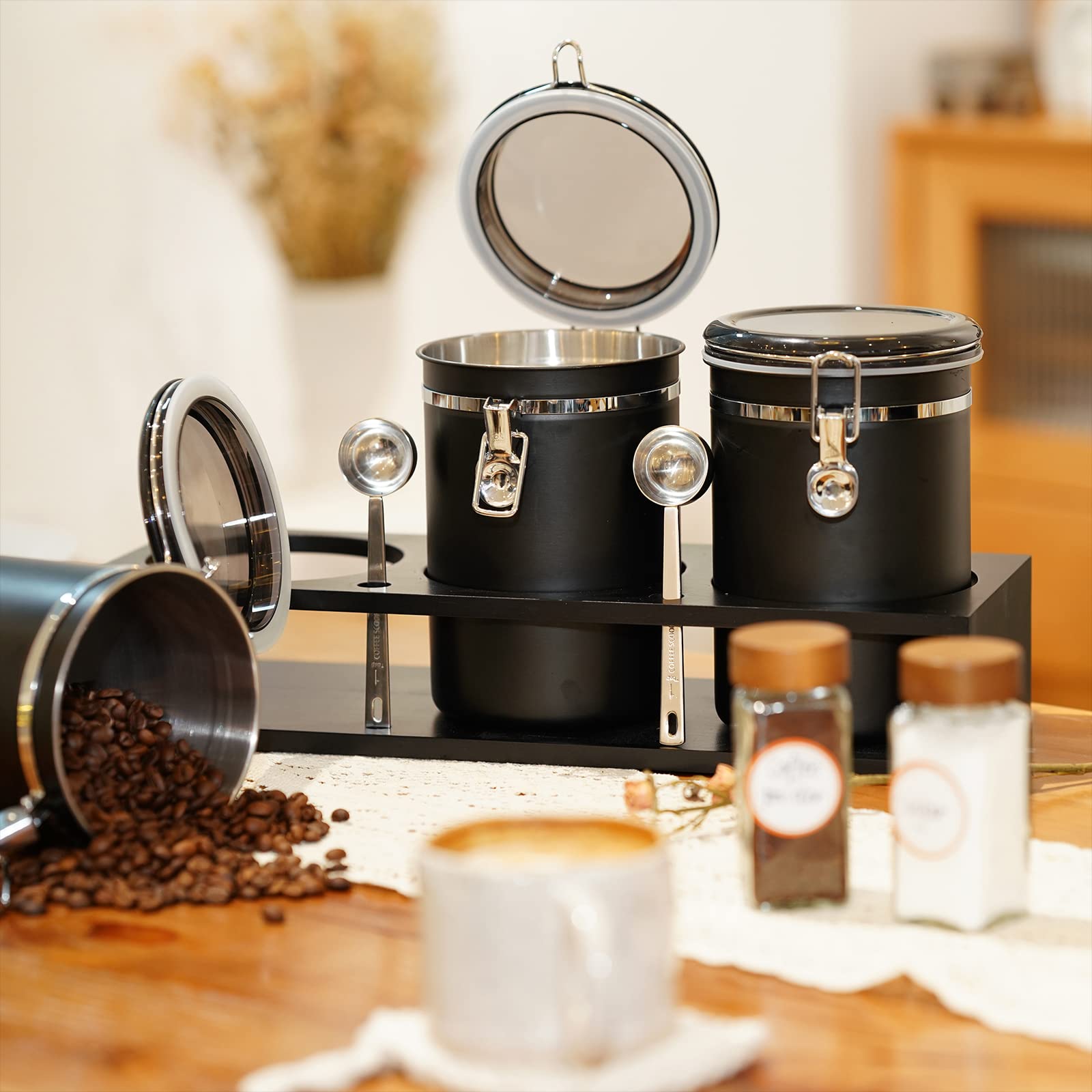3×63OZ Stainless Steel Coffee Container with Shelf and Scoop for Coffee Bar