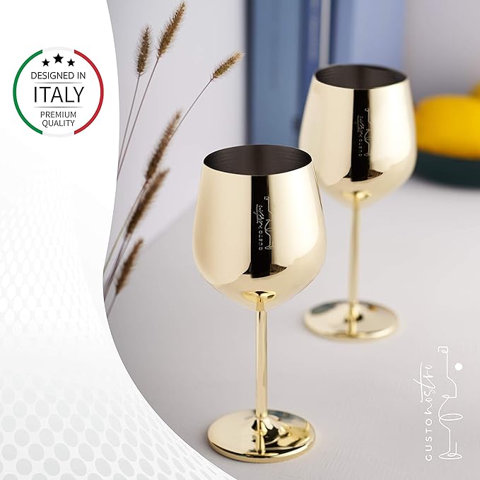 Gusto Nostro Stainless Steel Wine Glass - 18 oz Unbreakable Gold Wine Glasses for Travel, Camping and Pool - Fancy, Unique and Cute Portable Metal Wine Glass for Outdoor Events, Picnics (Set of 4)