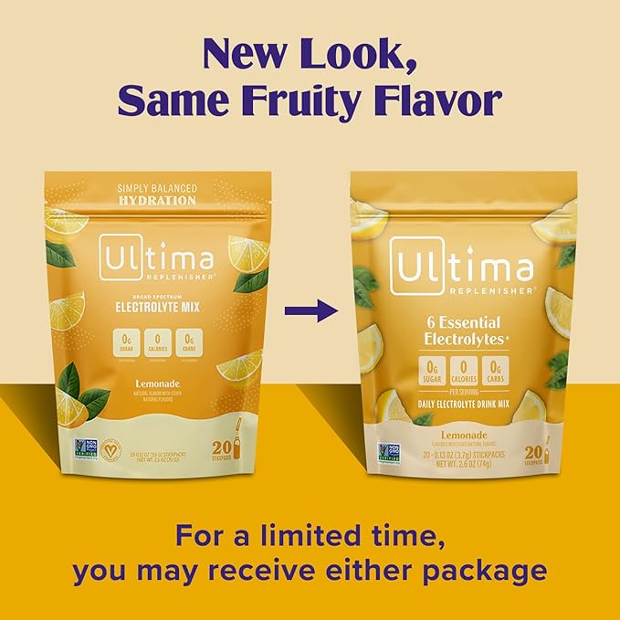 Ultima Replenisher Daily Electrolyte Powder Drink Mix ??Sugar Free ??Lemonade, 20 Stickpacks ??Hydration Packets with 6 Key Electrolytes and Trace Minerals ??Keto Friendly, Vegan, Non-GMO