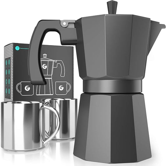 Coffee Gator Moka Pot - 6 Cup, 12oz Stovetop Espresso Maker - Classic Italian and Cuban Coffee Percolator w/ 2 Stainless-Steel Cups ??Matte Grey Aluminum, 360ml
