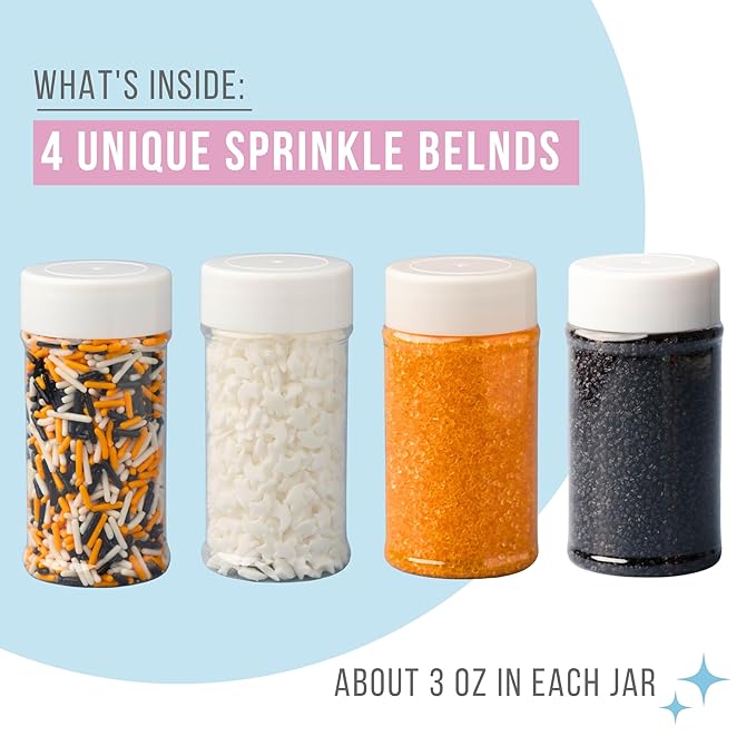 Sweets Indeed Dye-Free Halloween Sprinkles 4-Pack ??11.57 oz Natural Spooky Decorating Set | Sprinkle Mix, Ghost Confetti, Orange Sugar & Black Sugar | Edible Dye-Free Cake & Cupcake Decorations