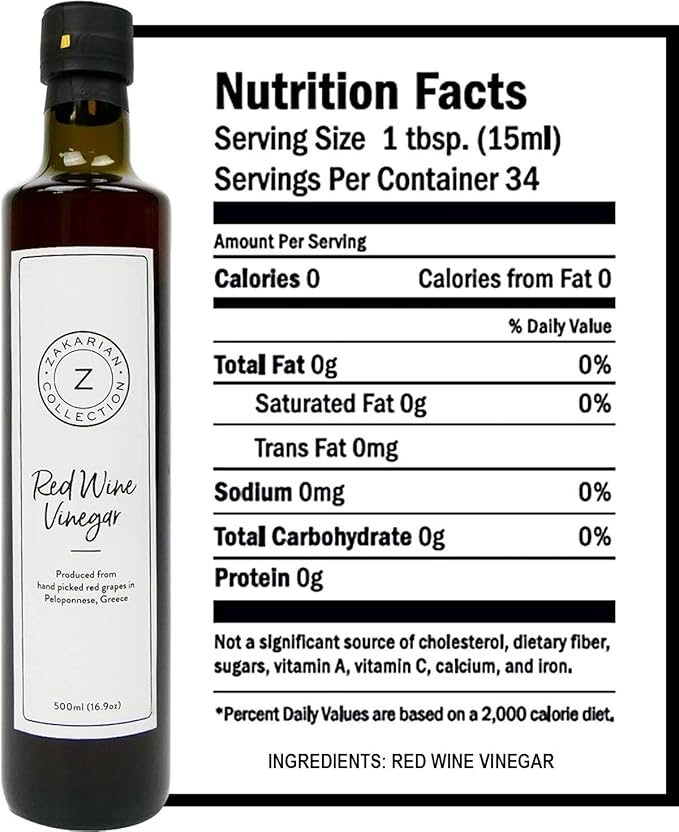 Zakarian: Red Wine Vinegar - Made from Organic Greek Red Grapes - 500 ml - Intense, Refined Flavor - Rich in Antioxidants - Best Served with Extra Virgin Olive Oil on Salads, Seafood and More