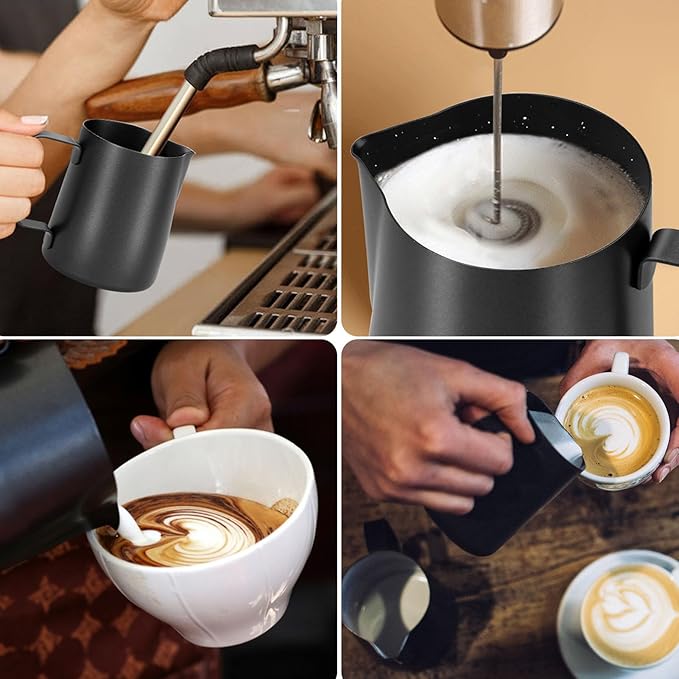 Milk Frothing Pitcher, 20oz Stainless Steel Milk Frother Cup Steaming Pitcher, Coffee Bar Cappuccino Espresso Machine Accessories Barista Tools, Metal Pitcher Milk Jug with Latte Art Pen, Matte Black